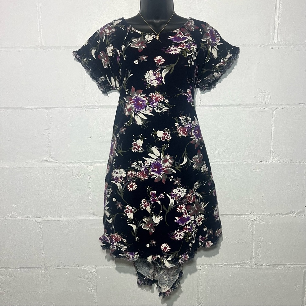 SMALL Navy Floral Umgee High Low Fringe Dress